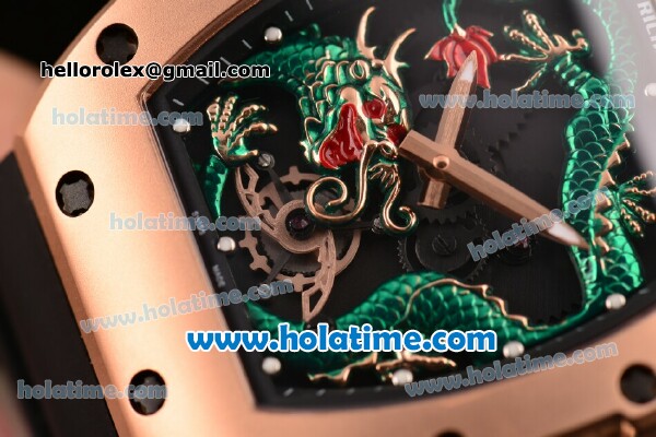 Richard Mille Tourbillon RM 057 Dragon Swiss ETA 2824 Automatic Rose Gold Case with Black Rubber Strap and Green Dragon Dial - Click Image to Close